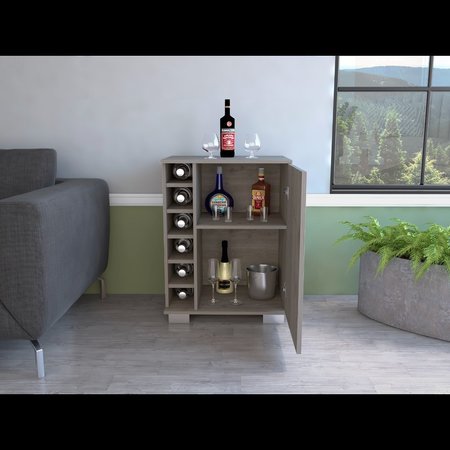 TUHOME Aurora Bar Cabinet, Single Door, Six Built-in Wine Rack, Two Shelves, Light Gray BLZ6472
